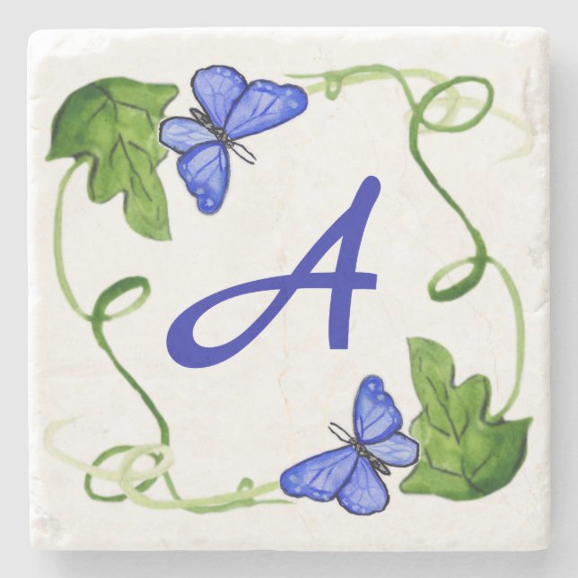 Dessous-de-verre En Pierre Papillons bleus Feuille verte Monogramme personnal (Devant)