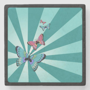 Dessous-de-verre En Pierre Papillons sur un Sunburst bleu