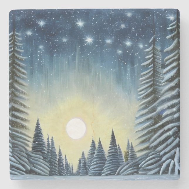 Dessous-de-verre En Pierre Paysage De Neige À feuillage persistant Lune Sous  (Devant)