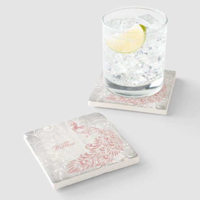 Dessous-de-verre En Pierre Peacock rose Personnalisé (Côté)