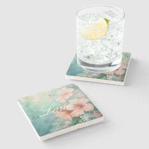 Dessous-de-verre En Pierre Pêche tropicale Hibiscus blanc Amour floral