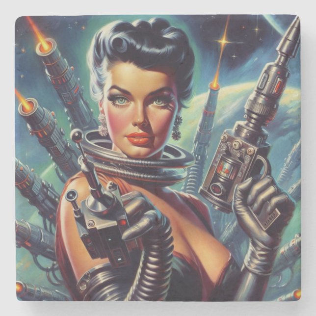 Dessous-de-verre En Pierre Peinture féminine rétro Sci-Fi (Devant)