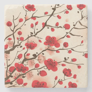 Dessous-de-verre En Pierre Peinture orientale de style, fleur de prune au