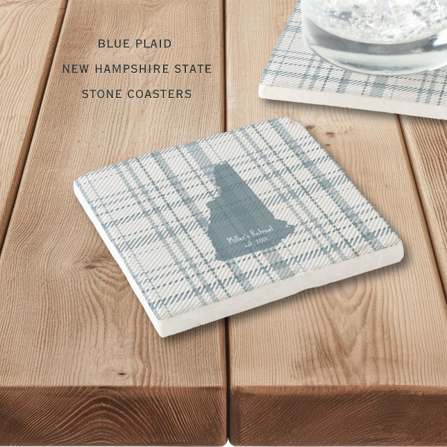 Dessous-de-verre En Pierre Personalized Plaid New Hampshire Granite State  (Personalize these casual blue plaid New Hampshire state coasters. Perfect for cabins or lake house!)