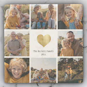 Dessous-de-verre En Pierre Personnalisé Multi Photo Family Keepsaké Gold Hear