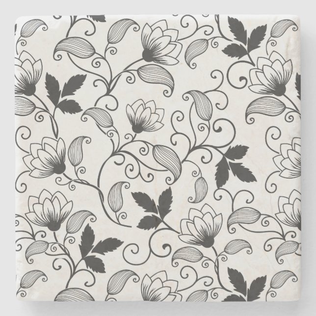 Dessous-de-verre En Pierre Personnaliser Motif Floral Noir (Devant)