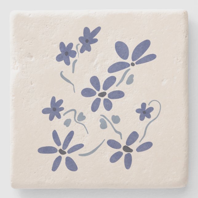 Dessous-de-verre En Pierre Petite Fleurs Romantiques Bleues (Devant)