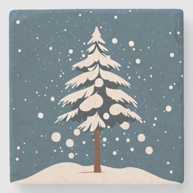 Dessous-de-verre En Pierre Pin Arbre À Neige Tombe (Devant)
