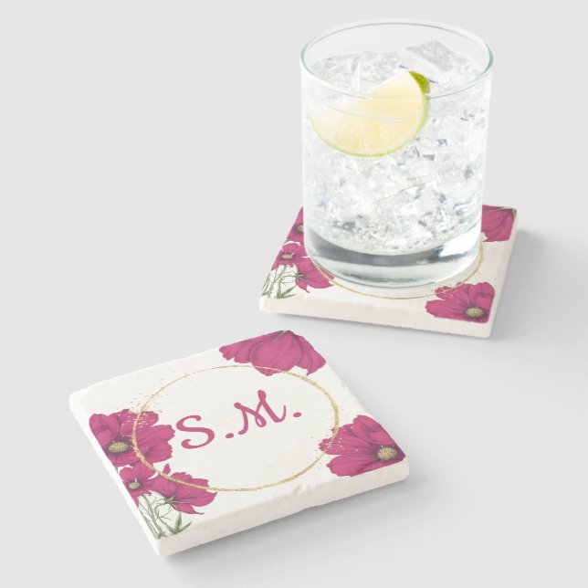Dessous-de-verre En Pierre Pink Floral Gold Circle  (Côté)