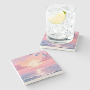 Dessous-de-verre En Pierre Plage rose   Aquarelle côtière de coucher de solei