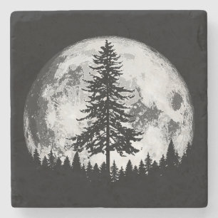 Dessous-de-verre En Pierre Pleine lune rétro et minimaliste Arbre à pin Vinta