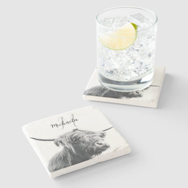 Dessous-de-verre En Pierre Portrait de vache Highland premier monogramme noir (Côté)