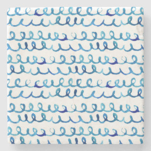 Dessous-de-verre En Pierre Profil onduleux d'aquarelle bleue peinte à la main