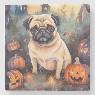 Dessous-de-verre En Pierre Pug d'Halloween avec des citrouilles effrayantes