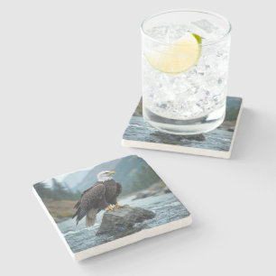 Dessous-de-verre En Pierre Pygargue à tête blanche sur un rocher de rivière