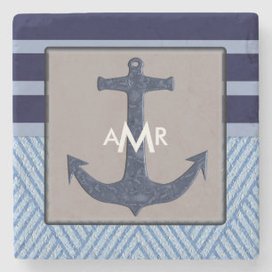 Dessous-de-verre En Pierre Rayures de bleu marine de l'Ancre et du bateau,
