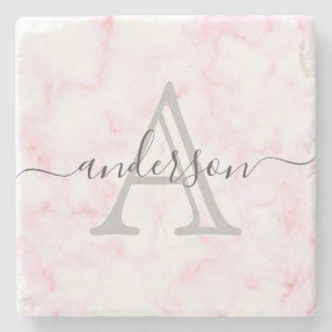 Dessous-de-verre En Pierre Rose et Marbre blanc   Script monographique