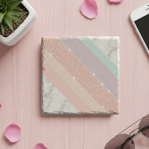 Dessous-de-verre En Pierre Rose Gold Pailleté Pastel Marbre Bandes Diagonales
