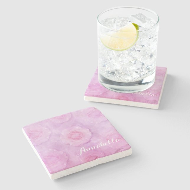 Dessous-de-verre En Pierre Roses aquarelle (Côté)