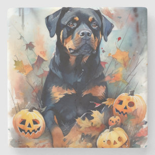 Dessous-de-verre En Pierre Rottweiler d'Halloween avec citrouilles effrayant