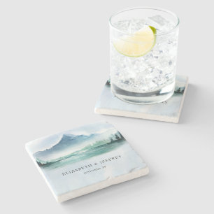 Dessous-de-verre En Pierre Rustique Aquarelle Montagnes Pine Mariage d'hiver