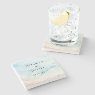Dessous-de-verre En Pierre Rustique Aquarelle Océan Eté Plage Mariage