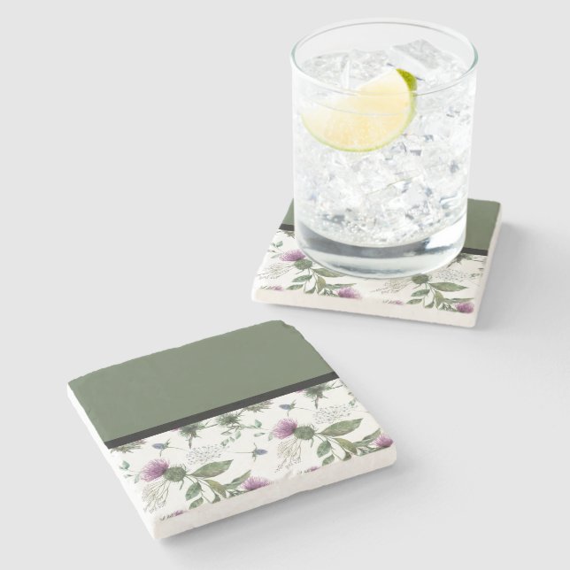Dessous-de-verre En Pierre Sage Green Floral (Côté)