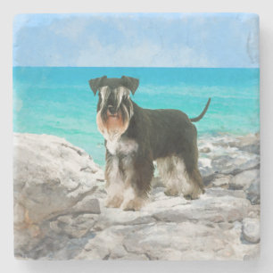 Dessous-de-verre En Pierre Schnauzer miniature sur l'aquarelle de plage