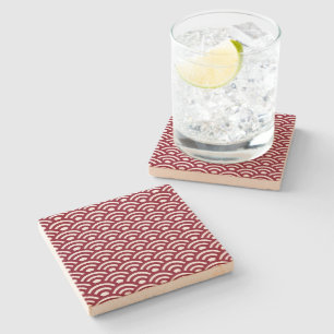 Dessous-de-verre En Pierre Seigaiha, Vagues, Japonais, Bourgogne et Blanc