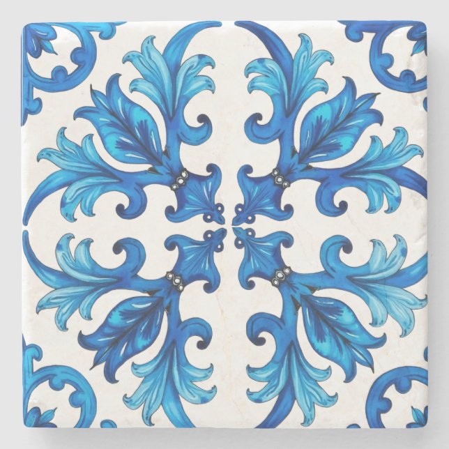 Dessous-de-verre En Pierre sicilien, été, citron, mosaïque, bleu, (Devant)