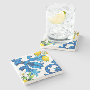 Dessous-de-verre En Pierre sicilien, été, citron, mosaïque, bleu