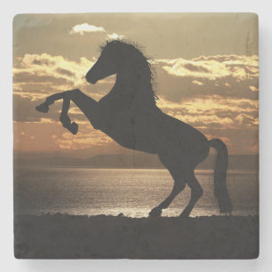 Dessous-de-verre En Pierre Silhouette de cheval contre le coucher du soleil