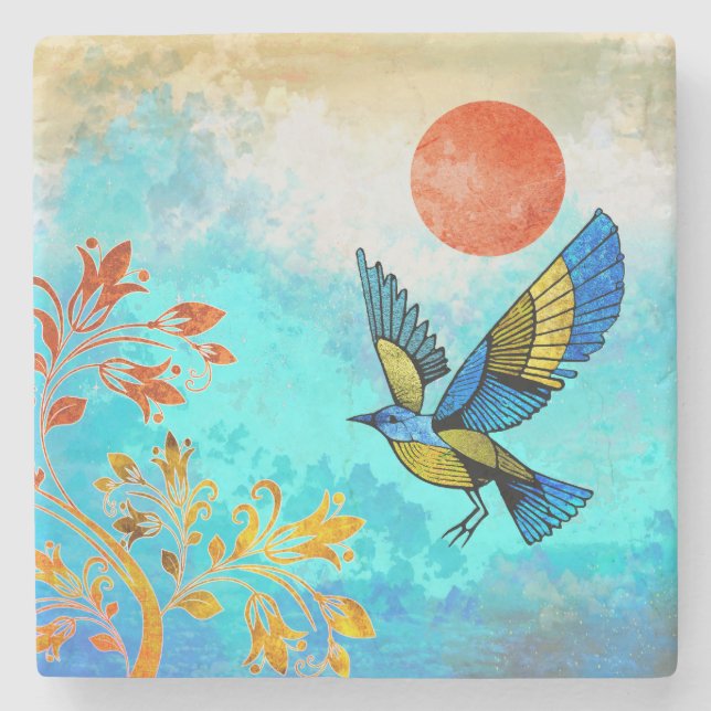 Dessous-de-verre En Pierre Soleil de l'arbre d'oiseaux (Devant)