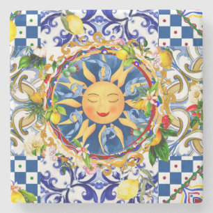 Dessous-de-verre En Pierre soleil sicilien, citron, carreaux méditerranéens,
