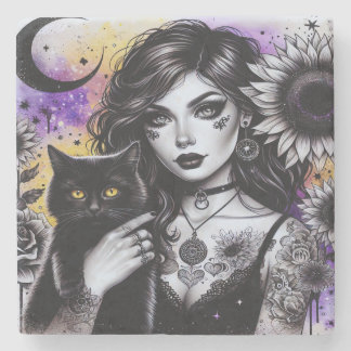 Dessous-de-verre En Pierre Sorcière gothique céleste et chat noir