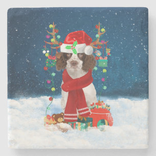 Dessous-de-verre En Pierre Springer anglais Spaniel chien avec cadeaux de Noë