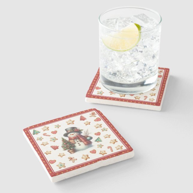 Dessous-de-verre En Pierre Stone Coaster Snowman and Christmas Cookies Red (Côté)
