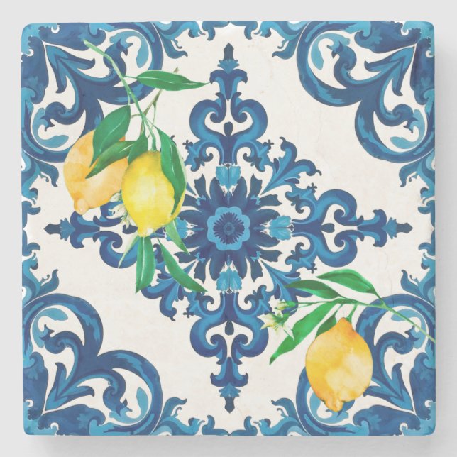 Dessous-de-verre En Pierre style italien, mosaïque, bleu, citron, (Devant)