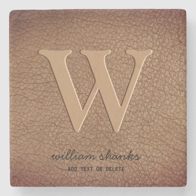 Dessous-de-verre En Pierre Style rustique cuir noir script monogramme (Devant)