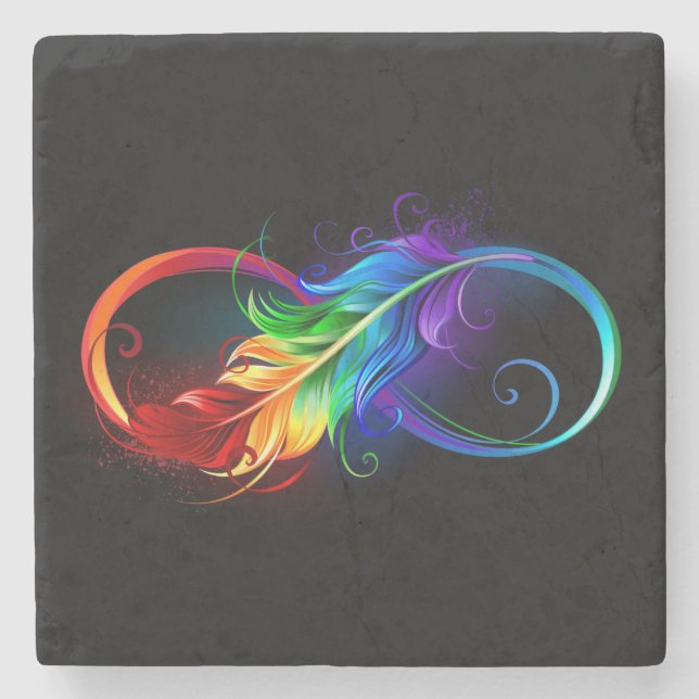 Dessous-de-verre En Pierre Symbole d'infini avec plume arc-en-ciel (Devant)