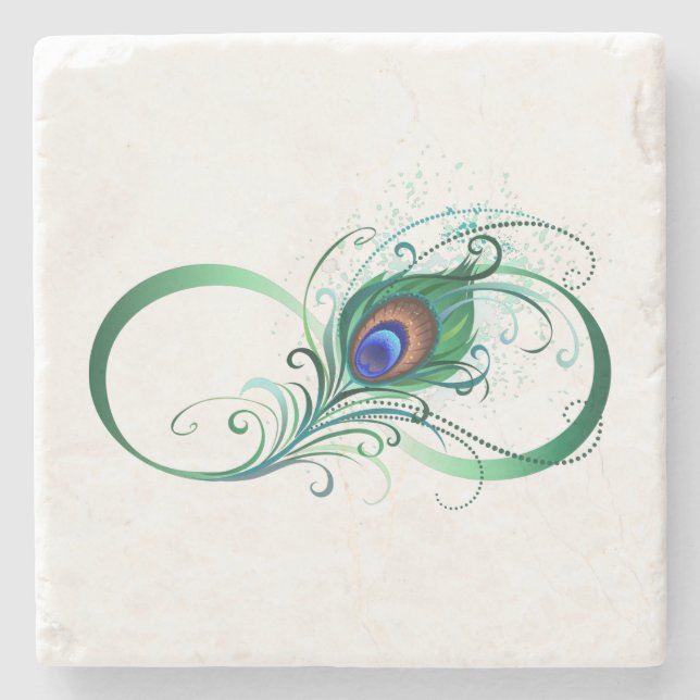 Dessous-de-verre En Pierre Symbole d'infini avec plume de paon (Devant)