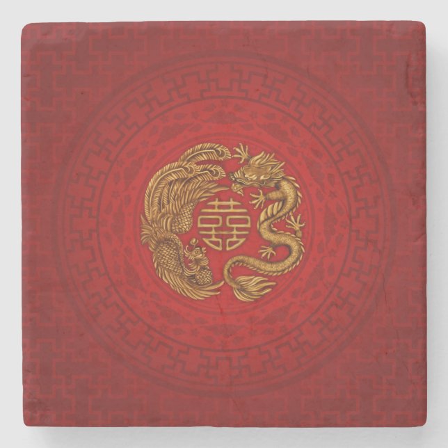 Dessous-de-verre En Pierre Symbole du Bonheur avec Phoenix et Dragon (Devant)