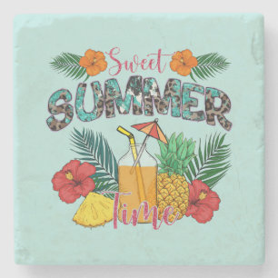 Dessous-de-verre En Pierre Temps d'été doux Fruits tropicaux et fleurs