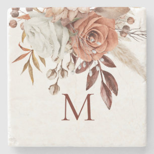 Dessous-de-verre En Pierre Terracotta Flores graminées Monogramme initial