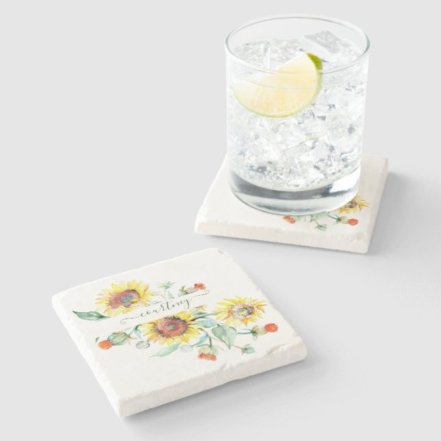 Dessous-de-verre En Pierre Tournesols aquarelle personnalisés    (Côté)