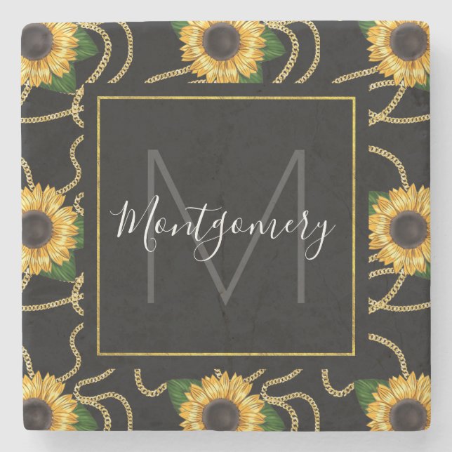 Dessous-de-verre En Pierre Tournesols Jaunes Classique Monogramme Motif éléga (Devant)
