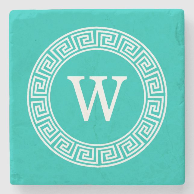 Dessous-de-verre En Pierre Turquoise Blanc Clé grecque Cadre Ronde Monogramme (Devant)