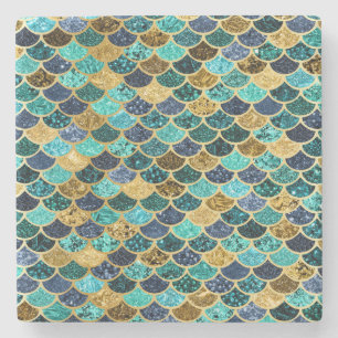 Dessous-de-verre En Pierre Turquoise de Teal d'or d'échelles de poissons de