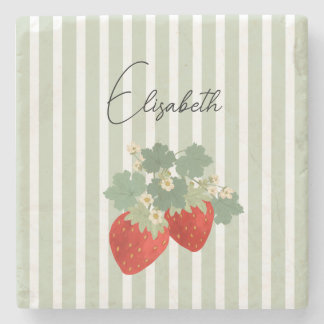 Dessous-de-verre En Pierre Two Red Strawberries Stripes & Flowers | Fruit