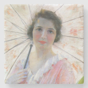 Dessous-de-verre En Pierre Une dame en robe rose avec un parasol (Robert Reid